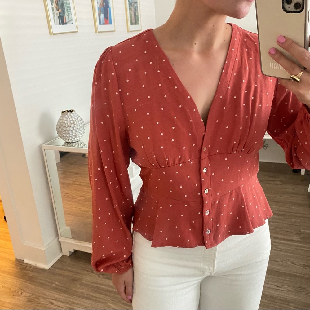 Red polka dot top with cinched waist